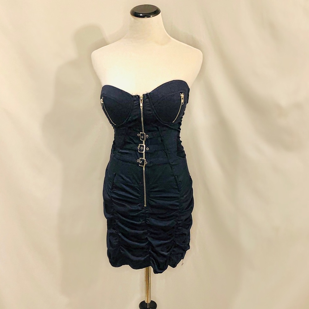 Navy Blue Bustier Ruched Mini Straps & Zippers